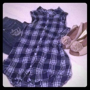 Blue plaid, racerback cut summer shirt.